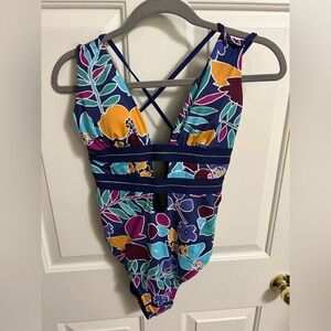 Cole of California Floral Navy Plunge One Piece Size 12